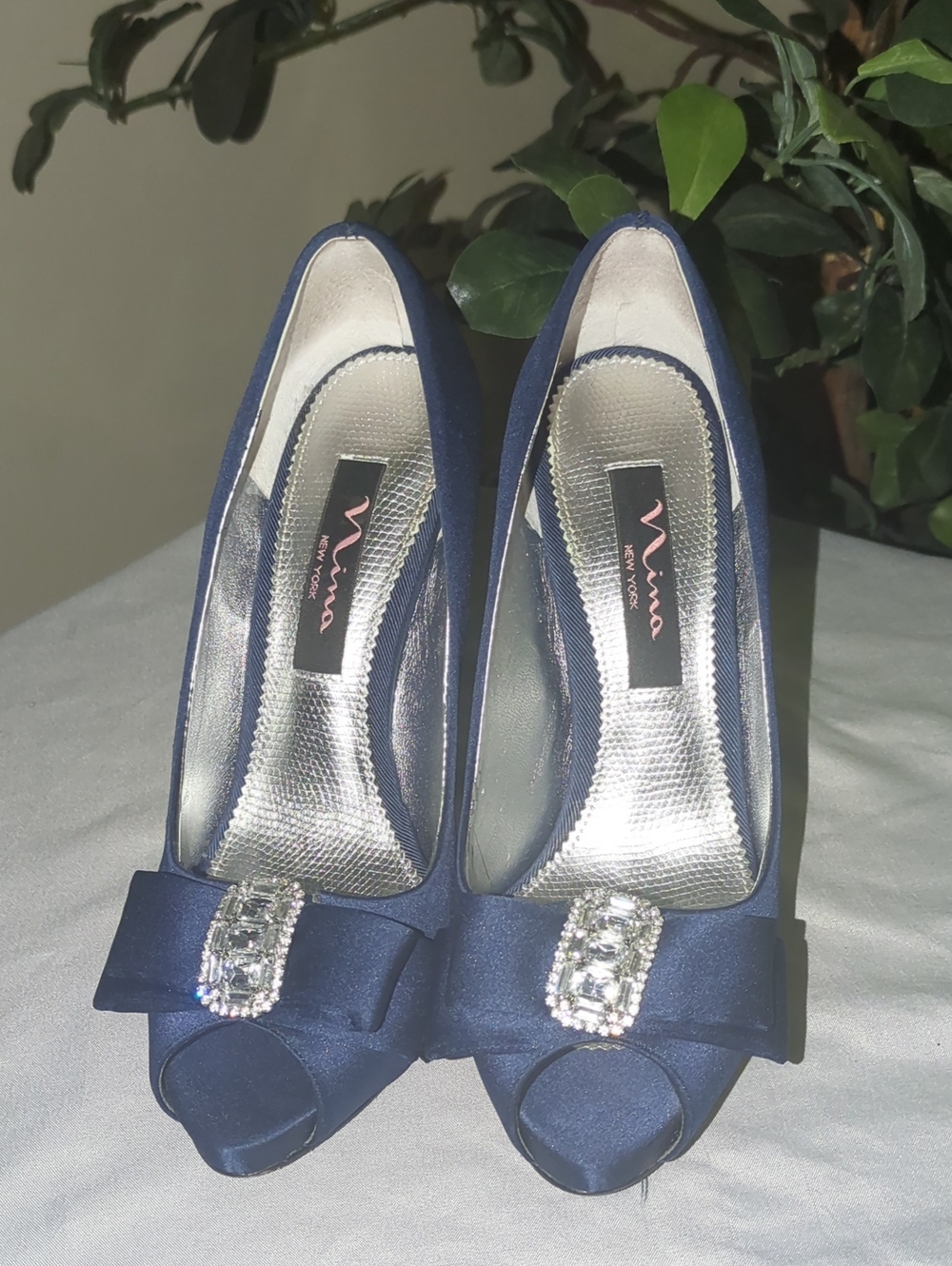 Nina New York Navy Satin Peep-Toe Heels with Bow and Crystal Accent